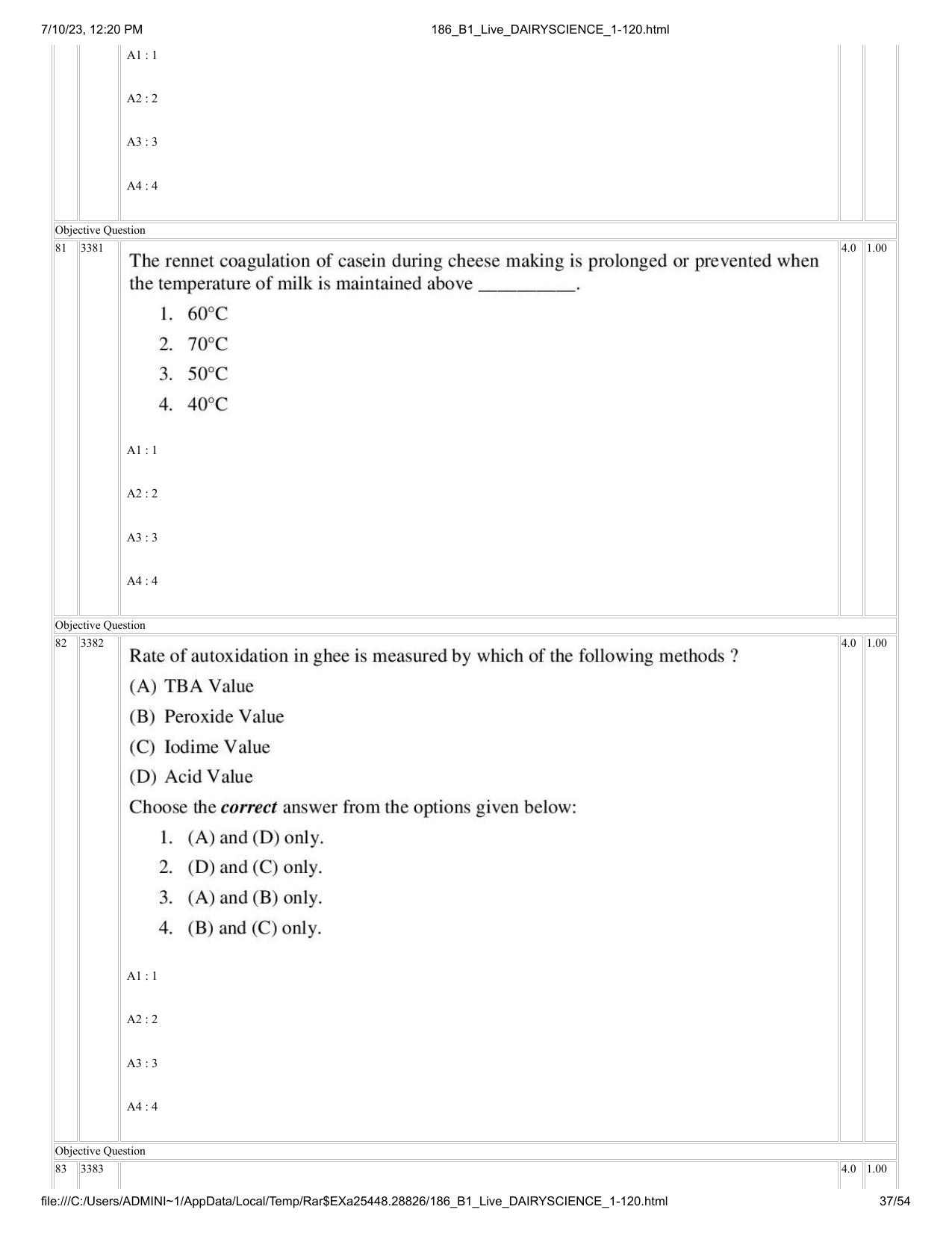ICAR AIEEA PG 2023 DAIRY SCIENCE Question Paper - Page 37
