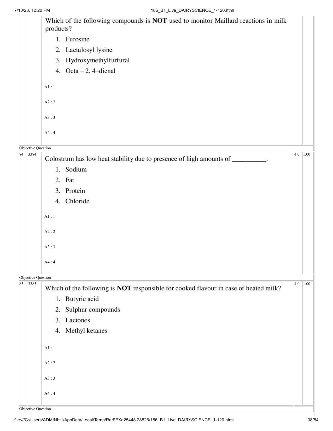 ICAR AIEEA PG 2023 DAIRY SCIENCE Question Paper - Page 38