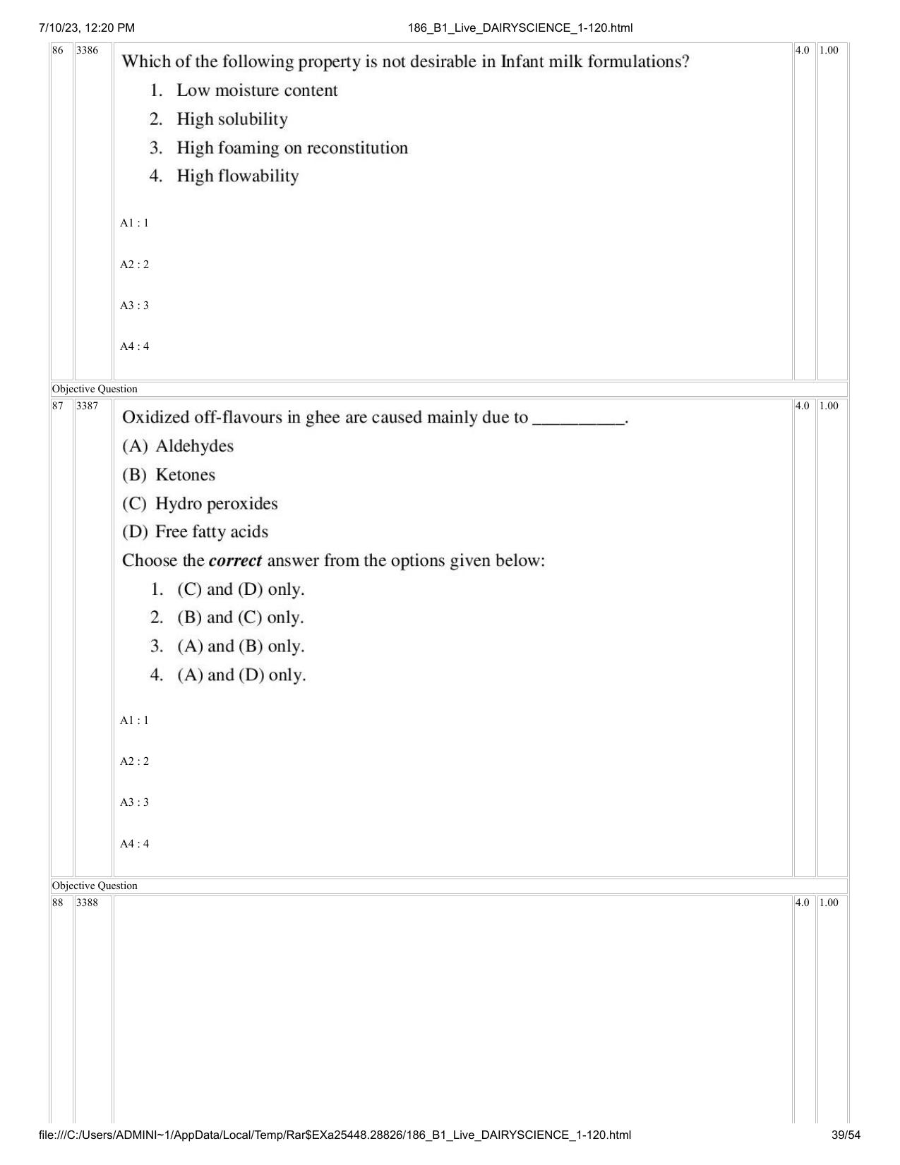 ICAR AIEEA PG 2023 DAIRY SCIENCE Question Paper - Page 39