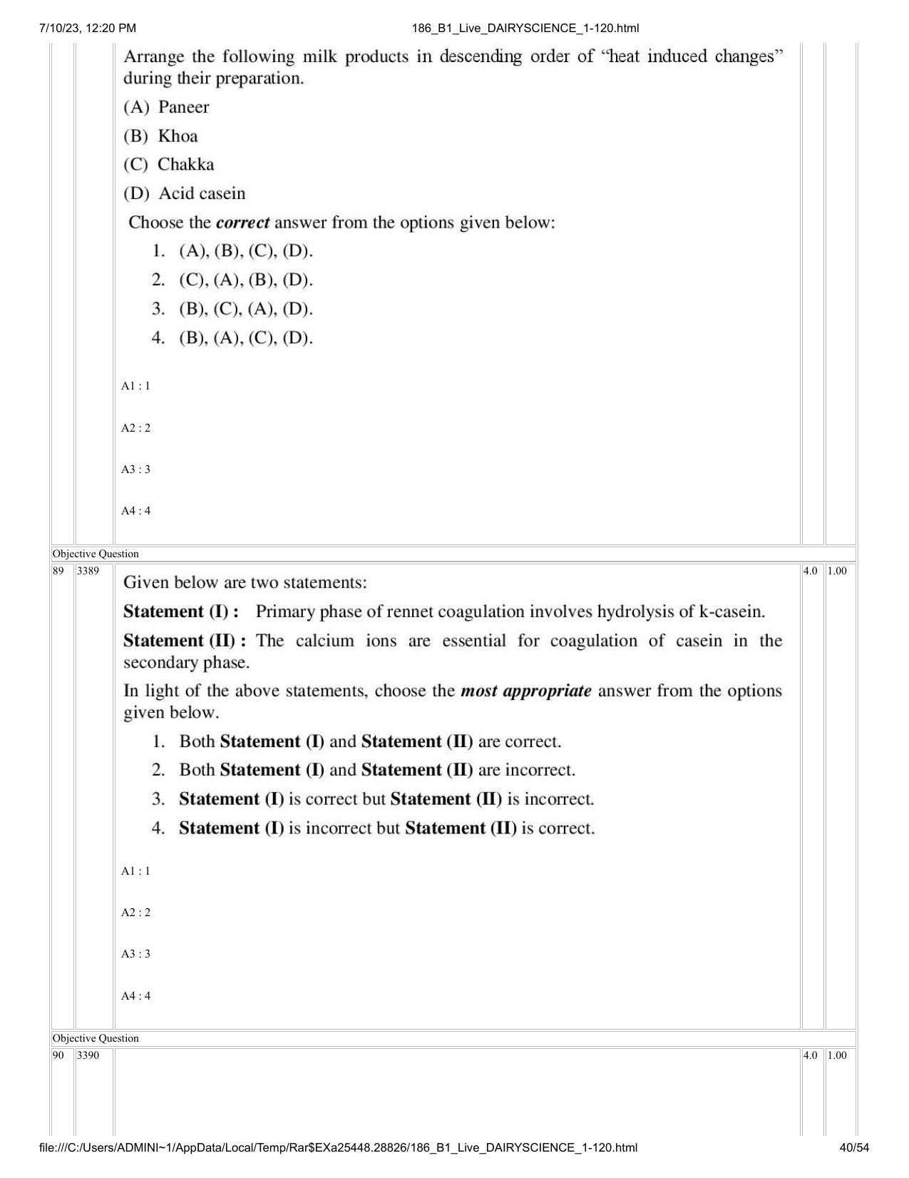 ICAR AIEEA PG 2023 DAIRY SCIENCE Question Paper - Page 40