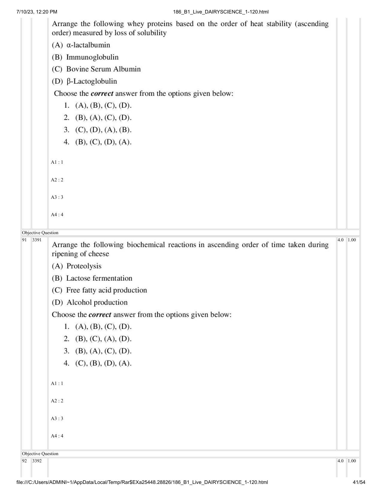 ICAR AIEEA PG 2023 DAIRY SCIENCE Question Paper - Page 41