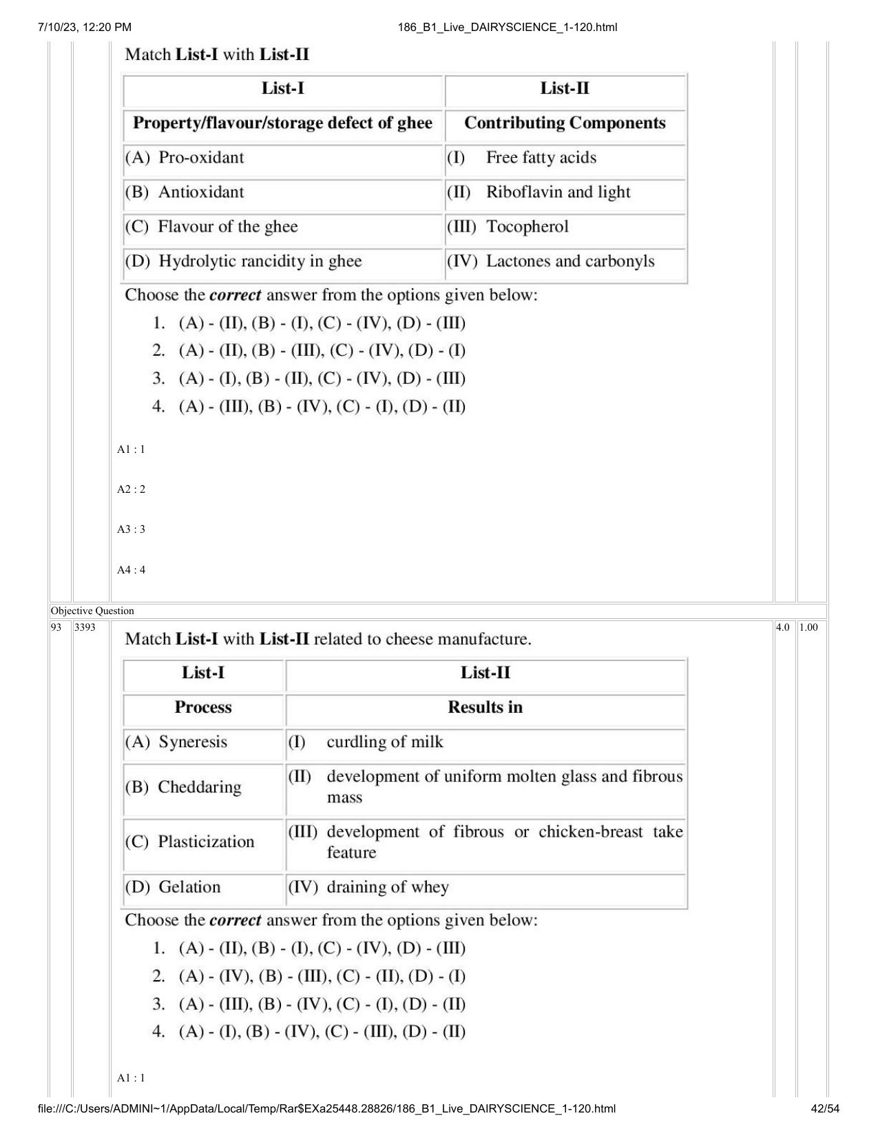 ICAR AIEEA PG 2023 DAIRY SCIENCE Question Paper - Page 42