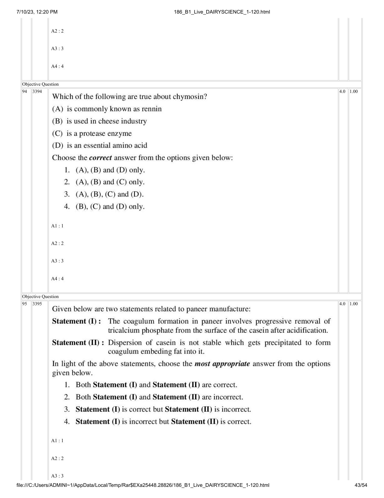 ICAR AIEEA PG 2023 DAIRY SCIENCE Question Paper - Page 43