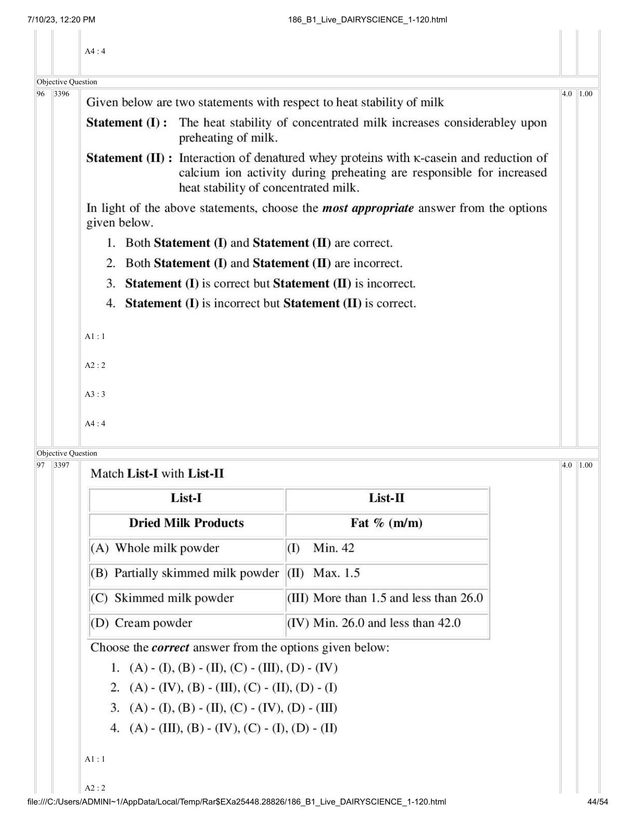 ICAR AIEEA PG 2023 DAIRY SCIENCE Question Paper - Page 44