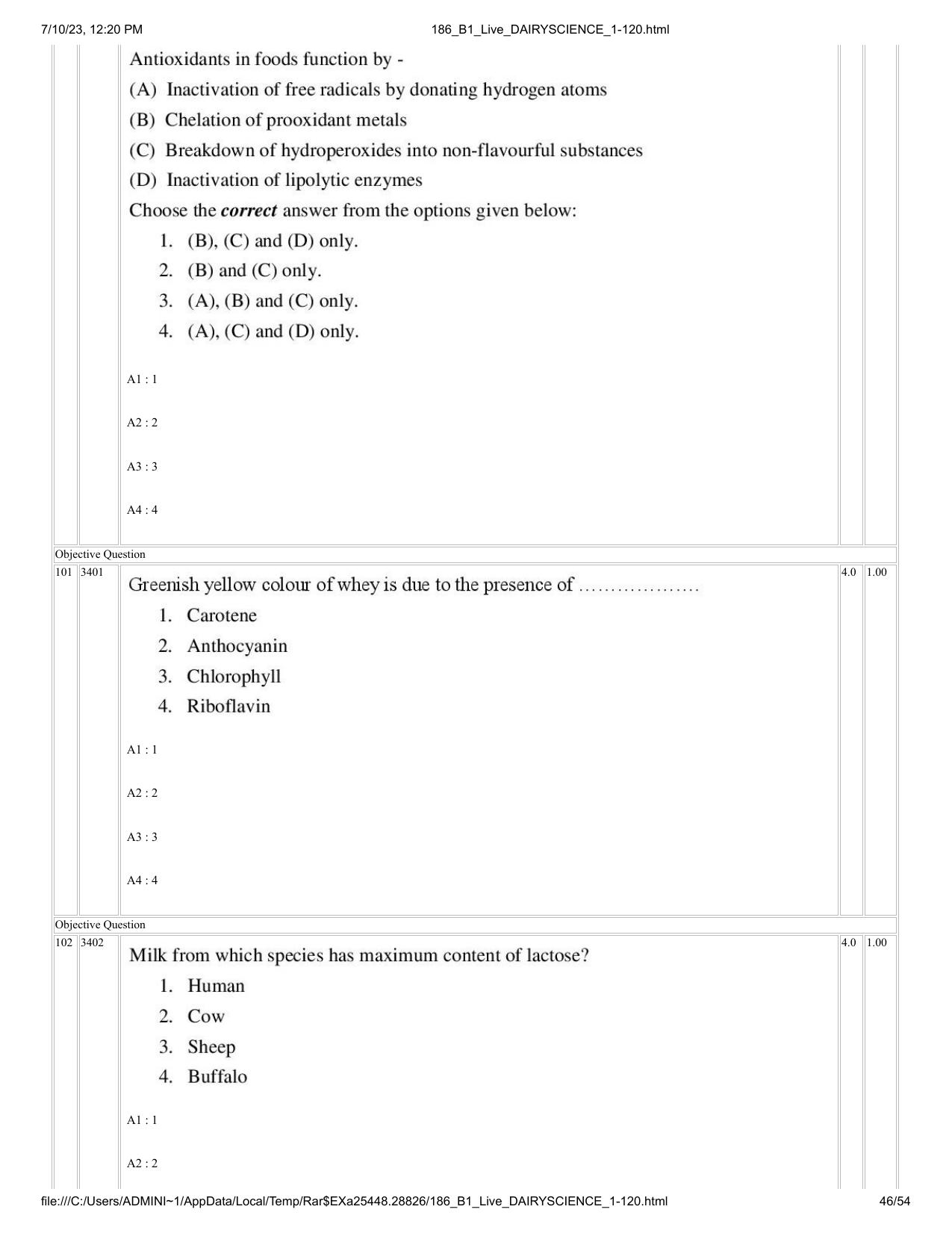 ICAR AIEEA PG 2023 DAIRY SCIENCE Question Paper - Page 46
