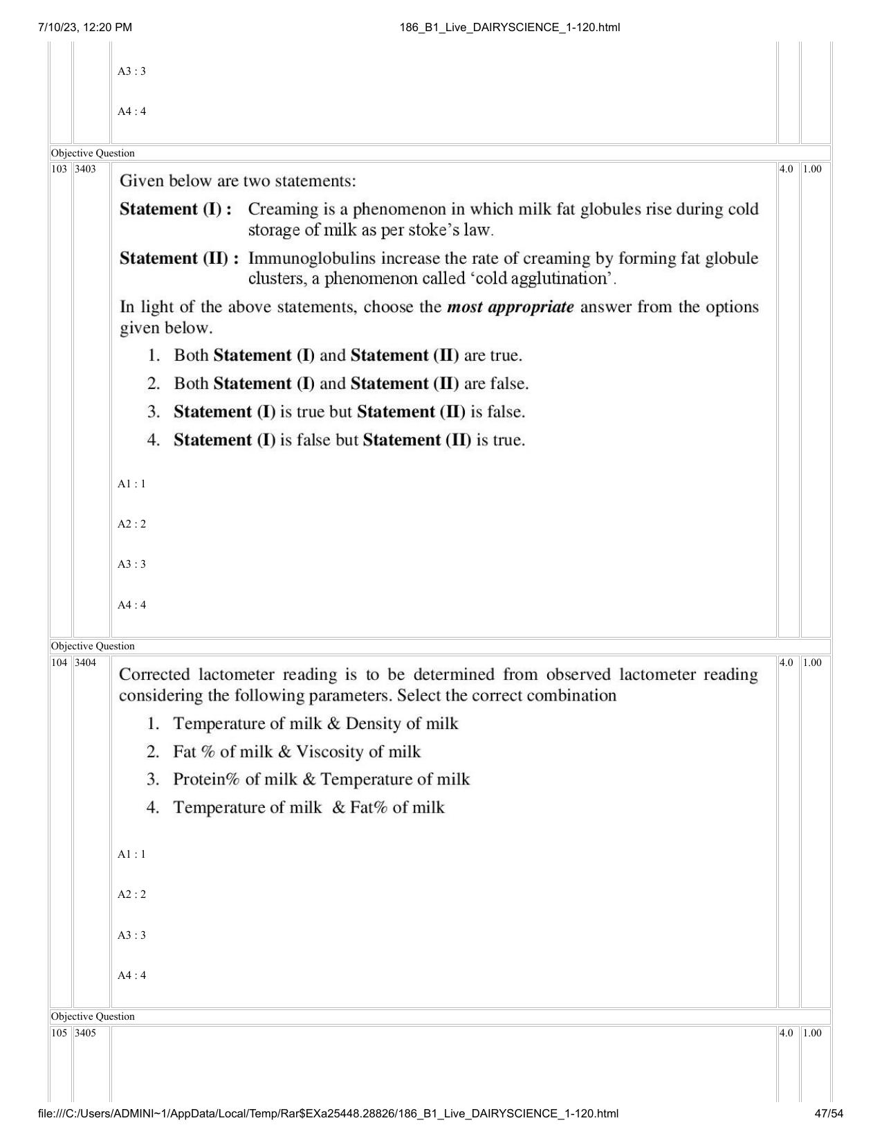 ICAR AIEEA PG 2023 DAIRY SCIENCE Question Paper - Page 47