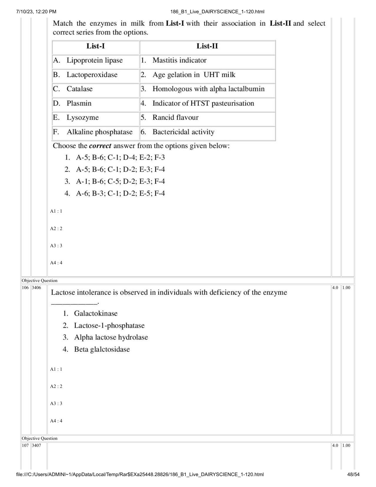 ICAR AIEEA PG 2023 DAIRY SCIENCE Question Paper - Page 48
