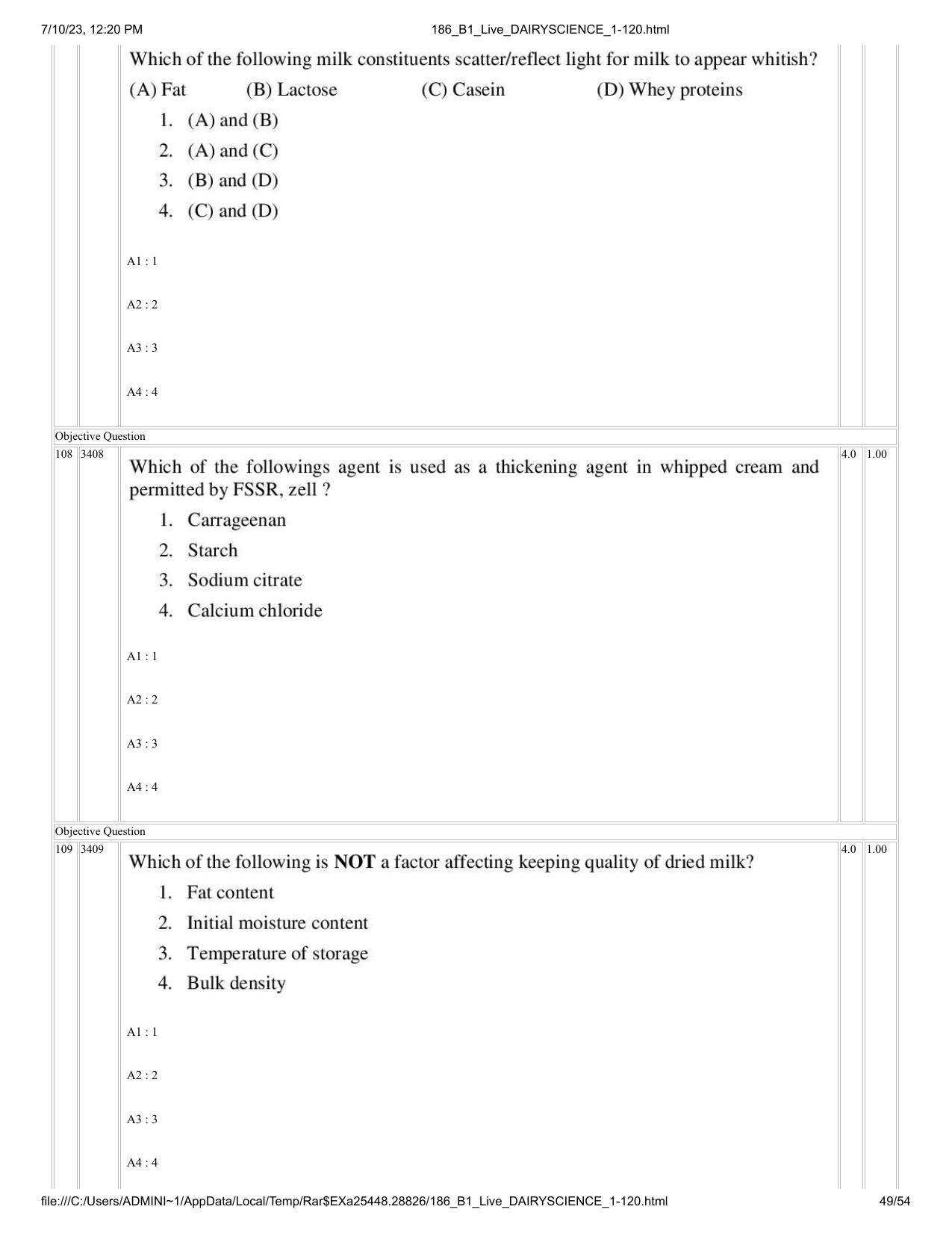 ICAR AIEEA PG 2023 DAIRY SCIENCE Question Paper - Page 49