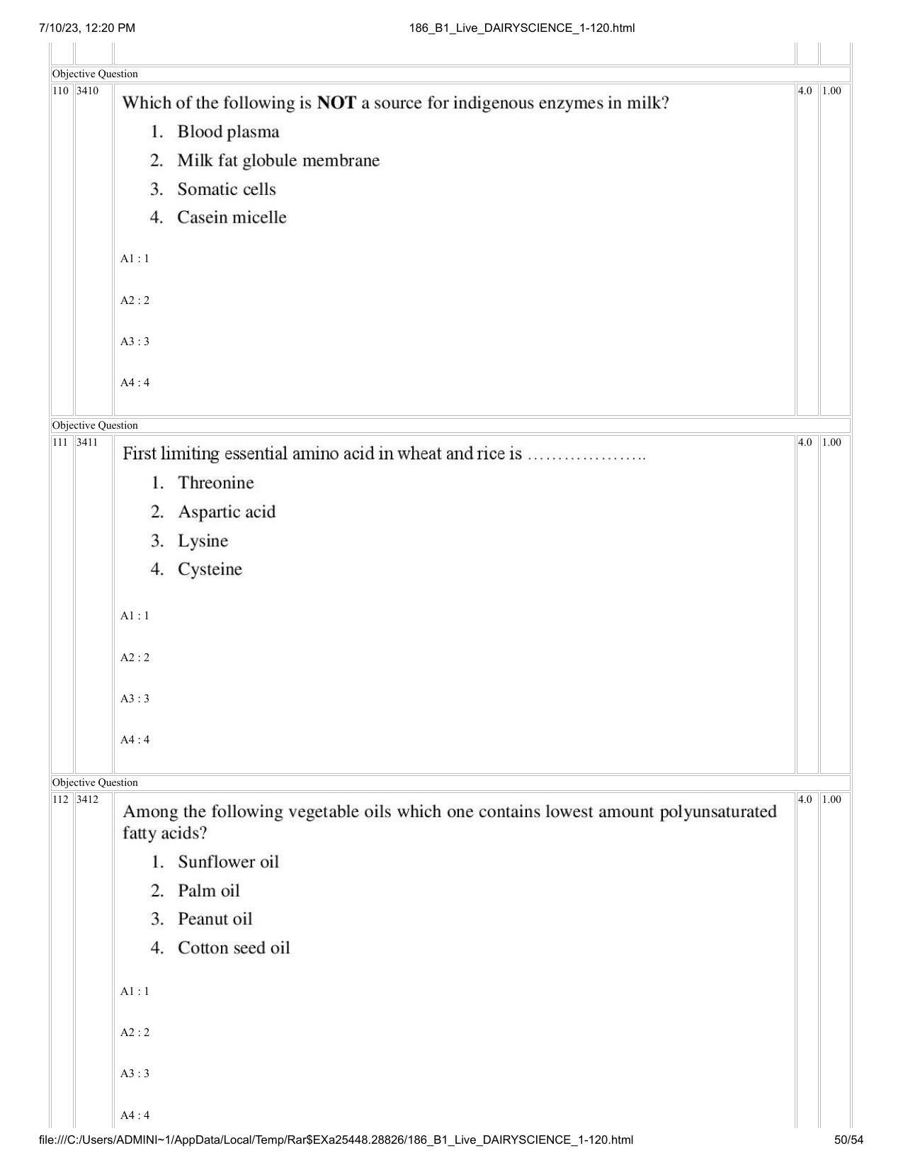 ICAR AIEEA PG 2023 DAIRY SCIENCE Question Paper - Page 50
