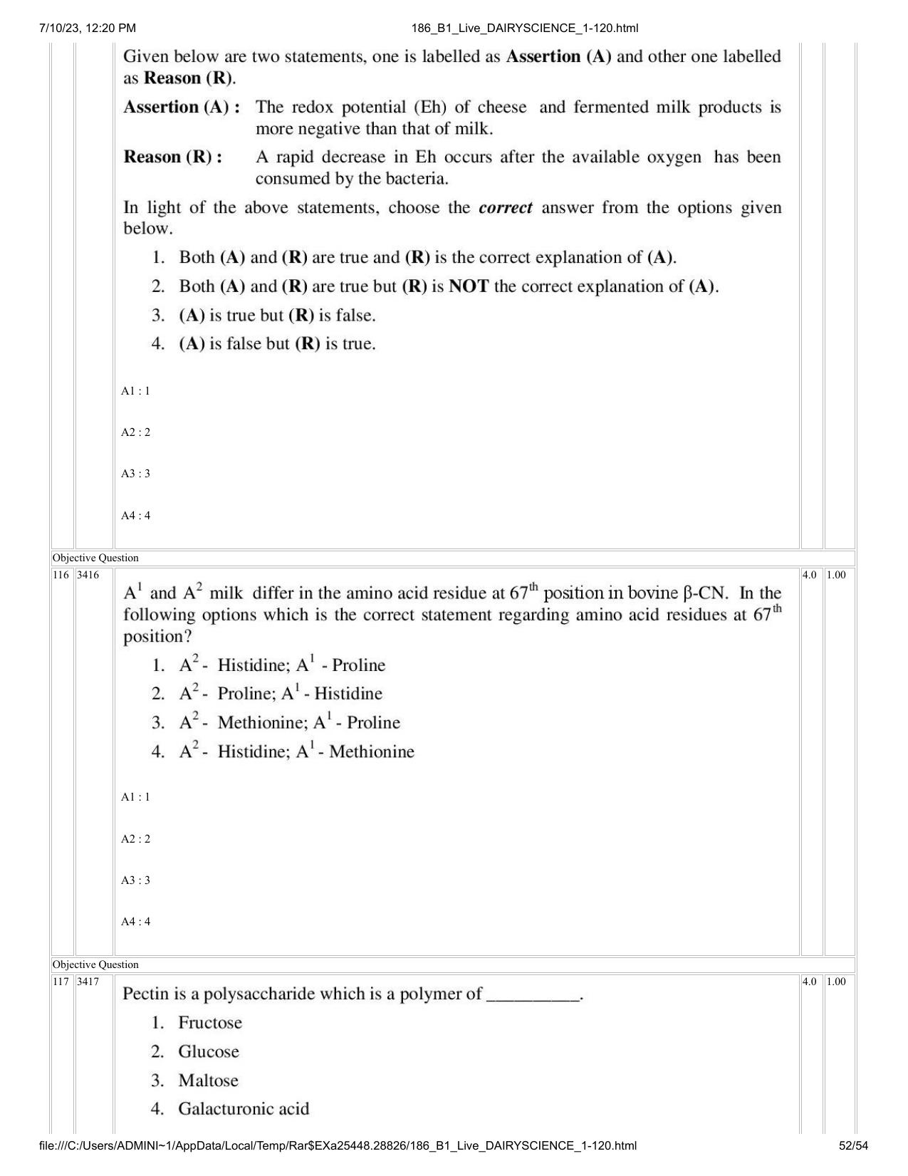 ICAR AIEEA PG 2023 DAIRY SCIENCE Question Paper - Page 52
