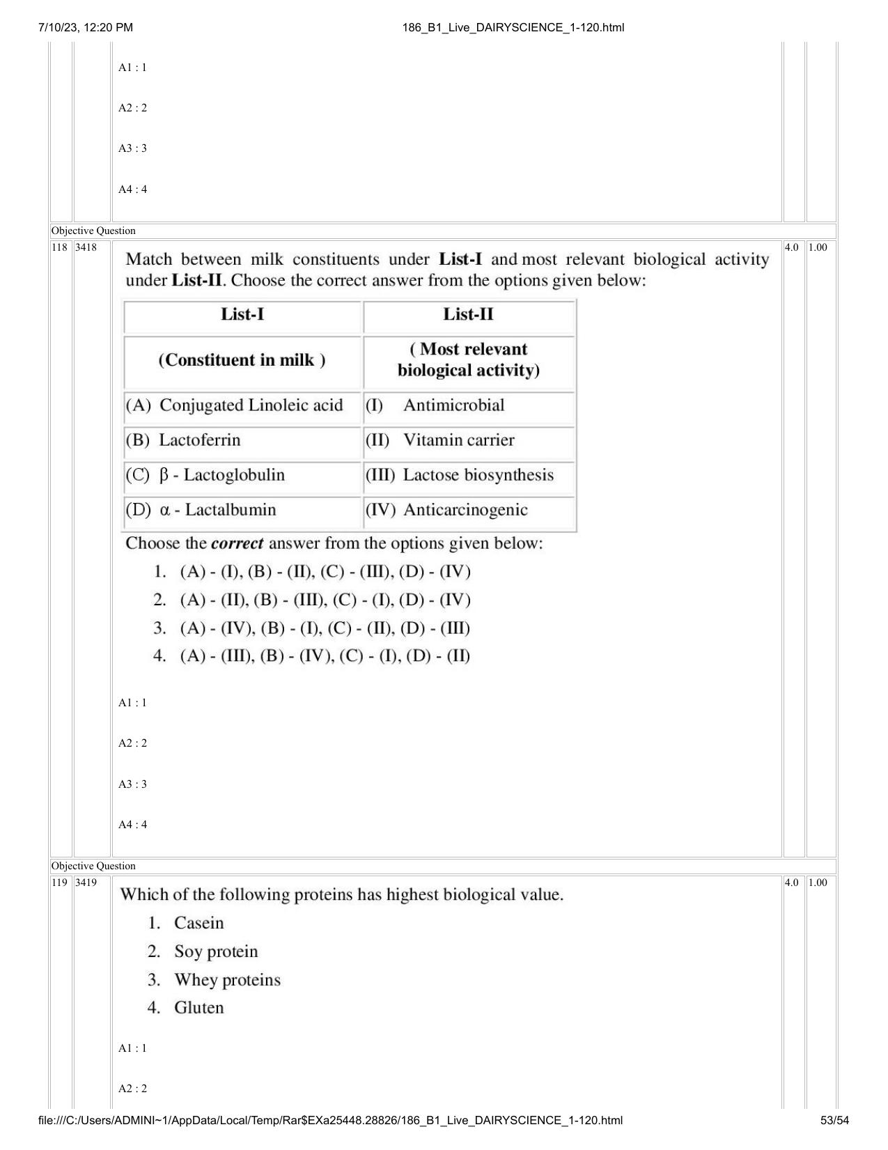 ICAR AIEEA PG 2023 DAIRY SCIENCE Question Paper - Page 53