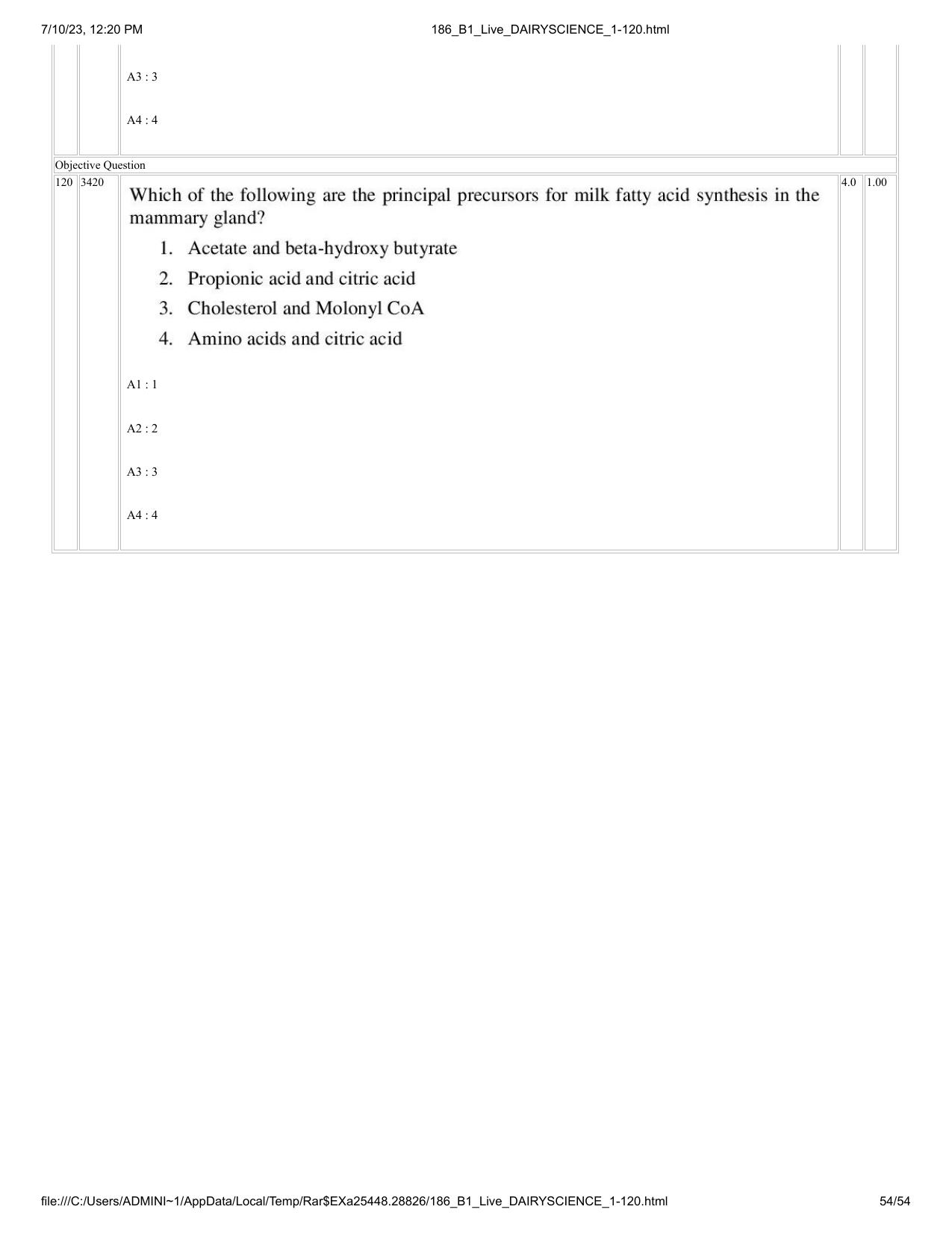 ICAR AIEEA PG 2023 DAIRY SCIENCE Question Paper - Page 54