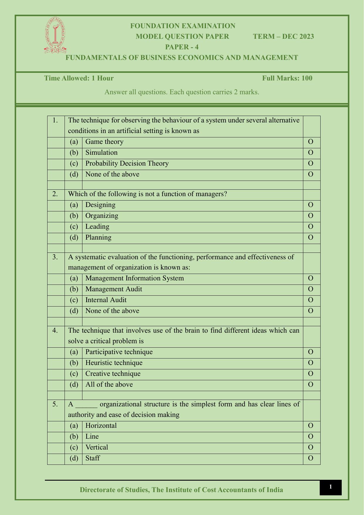 ICMAI Dec 2023 - Paper 4 – FUNDAMENTALS OF BUSINESS ECONOMICS AND MANAGEMENT - Page 1