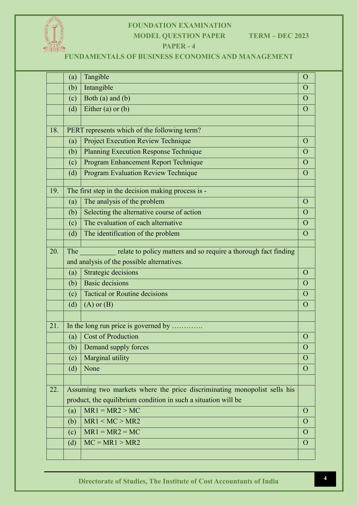 ICMAI Dec 2023 - Paper 4 – FUNDAMENTALS OF BUSINESS ECONOMICS AND MANAGEMENT - Page 4