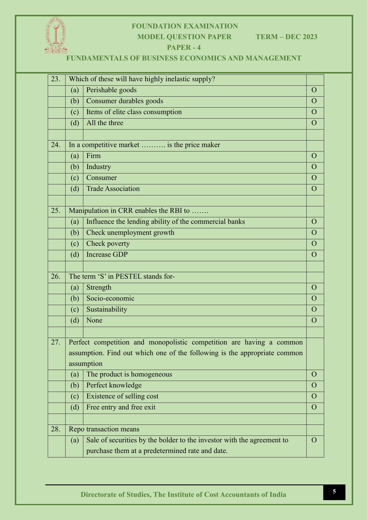 ICMAI Dec 2023 - Paper 4 – FUNDAMENTALS OF BUSINESS ECONOMICS AND MANAGEMENT - Page 5