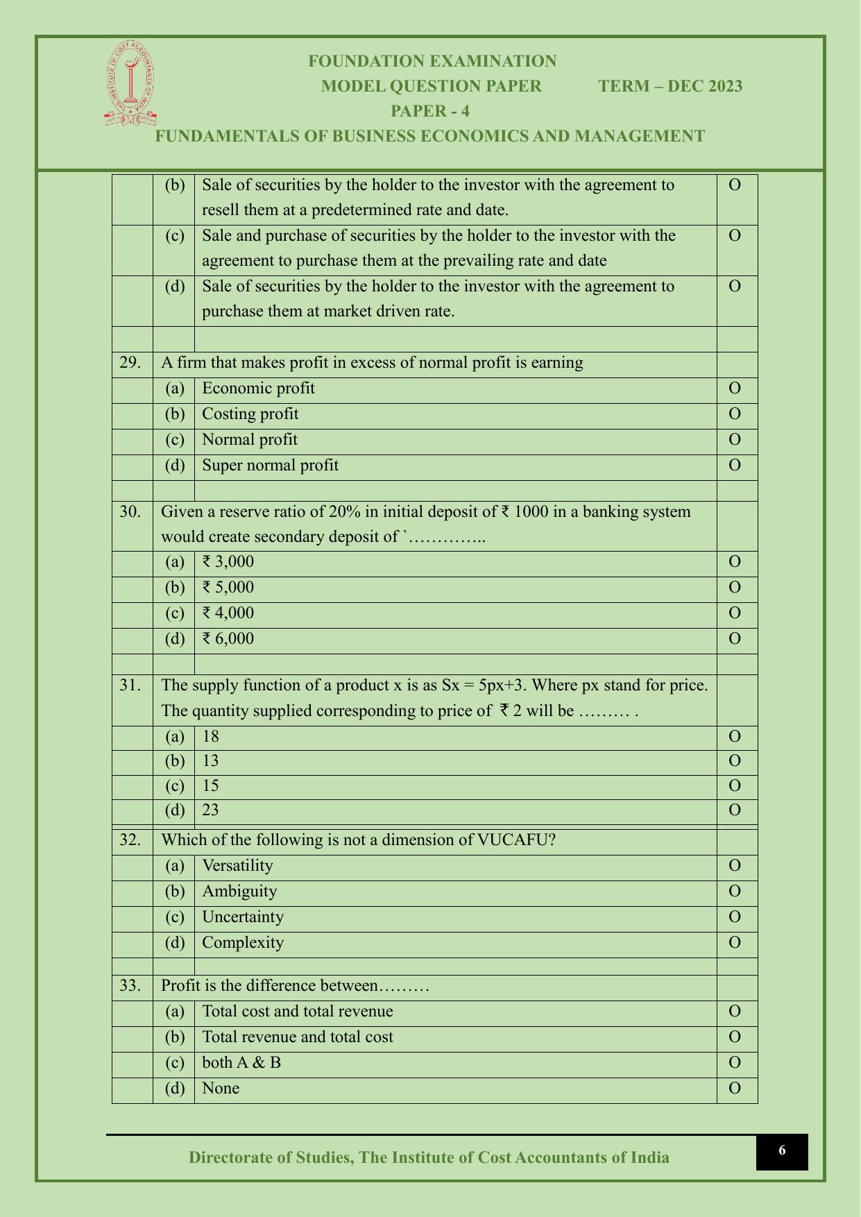 ICMAI Dec 2023 - Paper 4 – FUNDAMENTALS OF BUSINESS ECONOMICS AND MANAGEMENT - Page 6