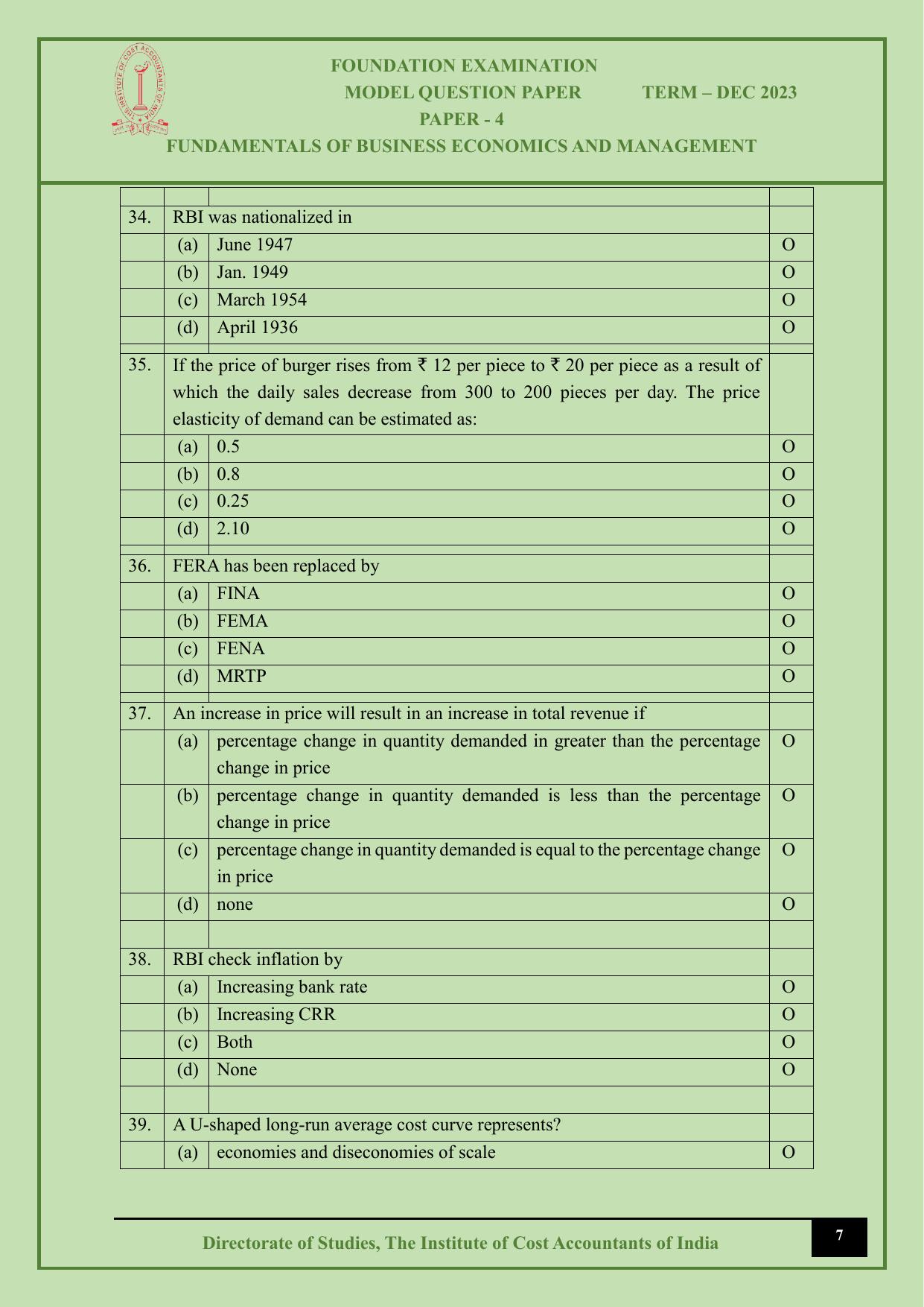 ICMAI Dec 2023 - Paper 4 – FUNDAMENTALS OF BUSINESS ECONOMICS AND MANAGEMENT - Page 7