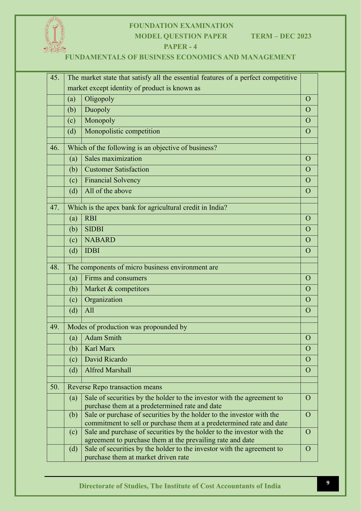 ICMAI Dec 2023 - Paper 4 – FUNDAMENTALS OF BUSINESS ECONOMICS AND MANAGEMENT - Page 9