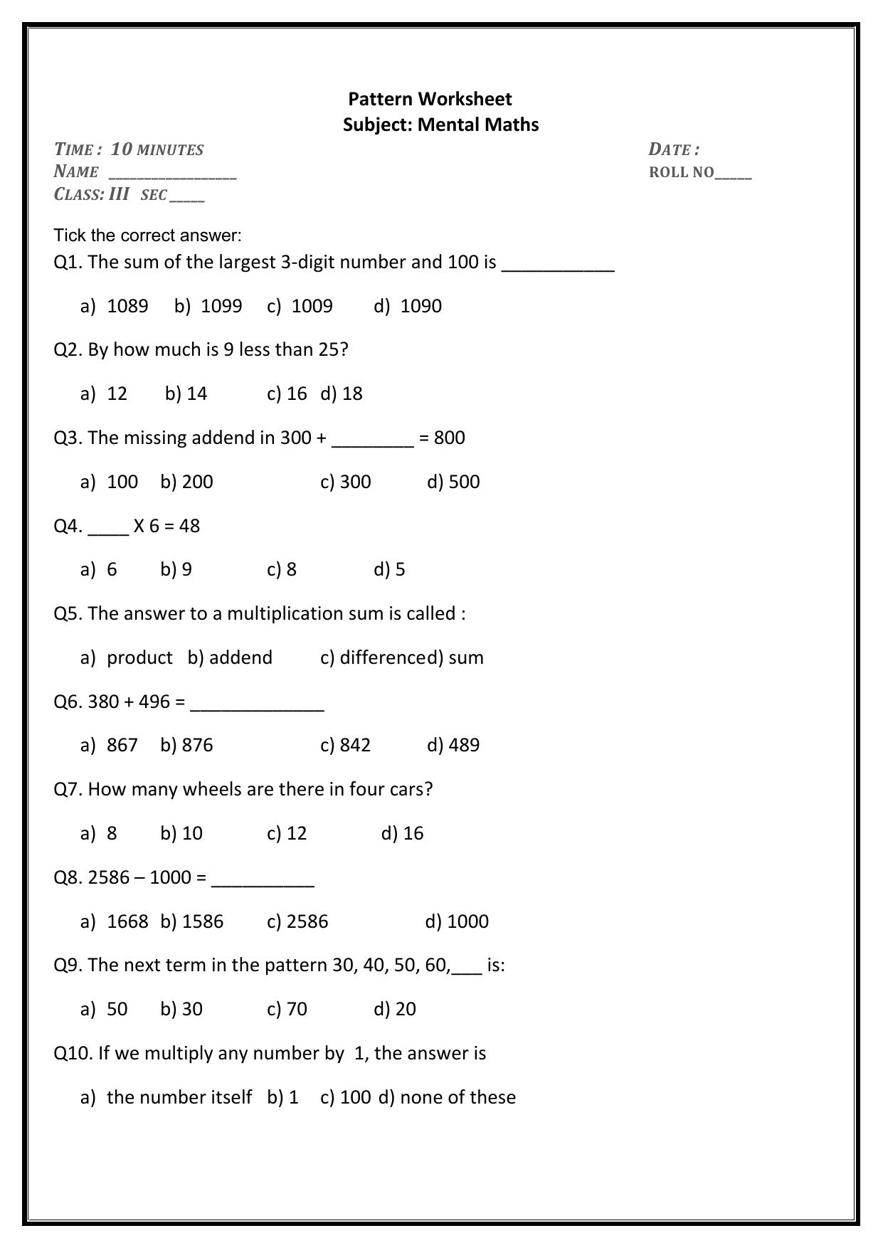 Worksheet for Class 3 Mathematics Assignment 19 - Page 1