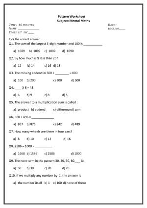 Worksheet for Class 3 Mathematics Assignment 19