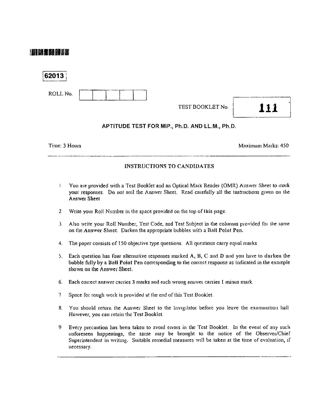 CUSAT CAT 2013 APTITUDE TEST FOR MIP., Ph.D. AND LL.M., Ph..D. Question Paper - Page 1