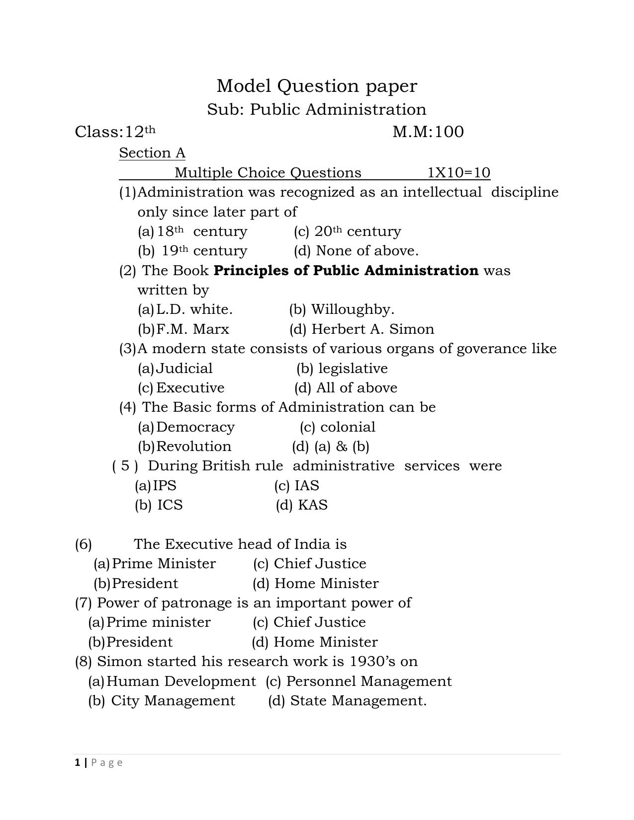 JKBOSE Class 12 Public Administration Model Question Paper - Page 1