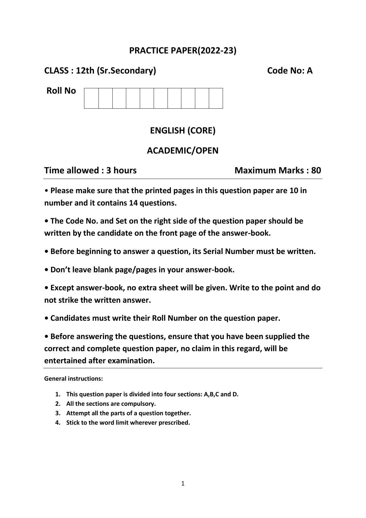 Haryana Board Class 12 English Code A Sample Papers - Page 1
