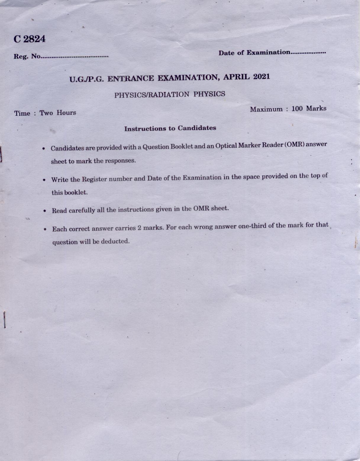 CUCAT 2021 M.Sc. Physics, M.Sc. Radiation Physics & M.Sc Physics (Nanoscience) Question Paper - Page 1