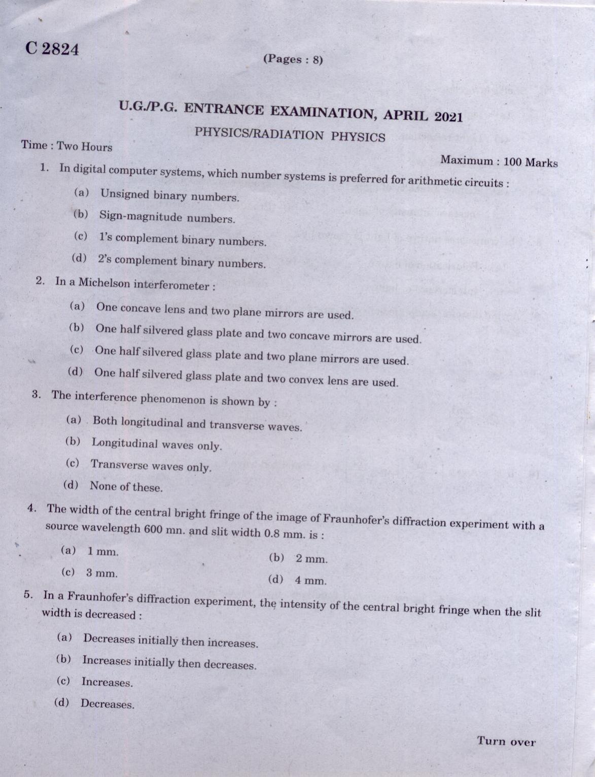 CUCAT 2021 M.Sc. Physics, M.Sc. Radiation Physics & M.Sc Physics (Nanoscience) Question Paper - Page 2