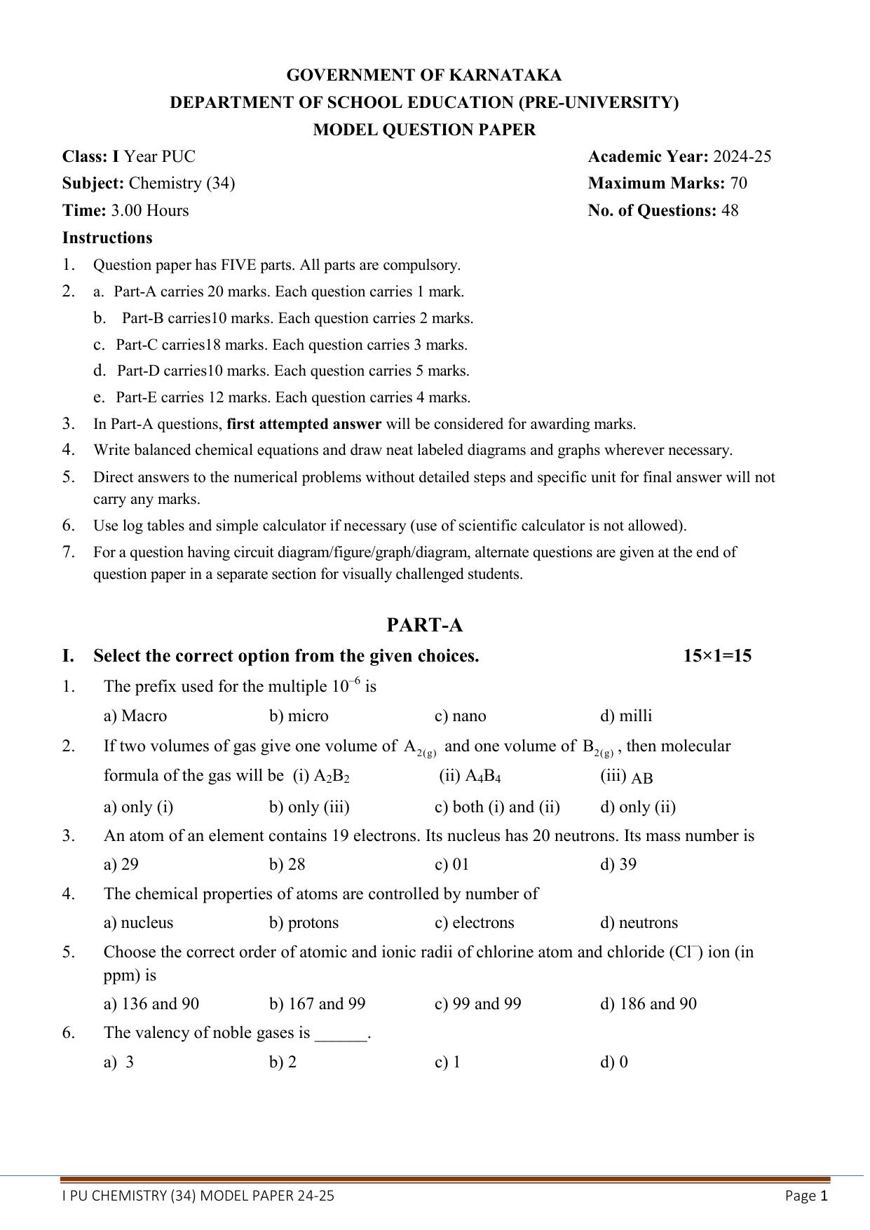 Karnataka 1st PUC Chemistry Model Question Paper 2025 - Page 1