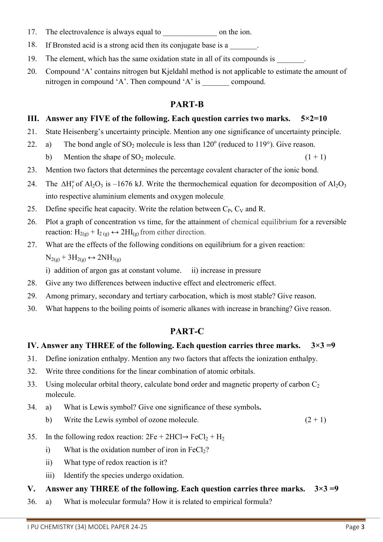 Karnataka 1st PUC Chemistry Model Question Paper 2025 - Page 3