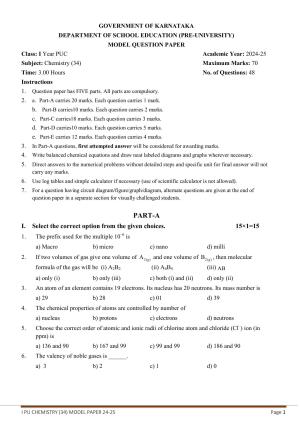 Karnataka 1st PUC Chemistry Model Question Paper 2025