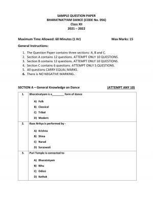CBSE Class 12th Bharatanatyam Sample Question Paper 2021-22
