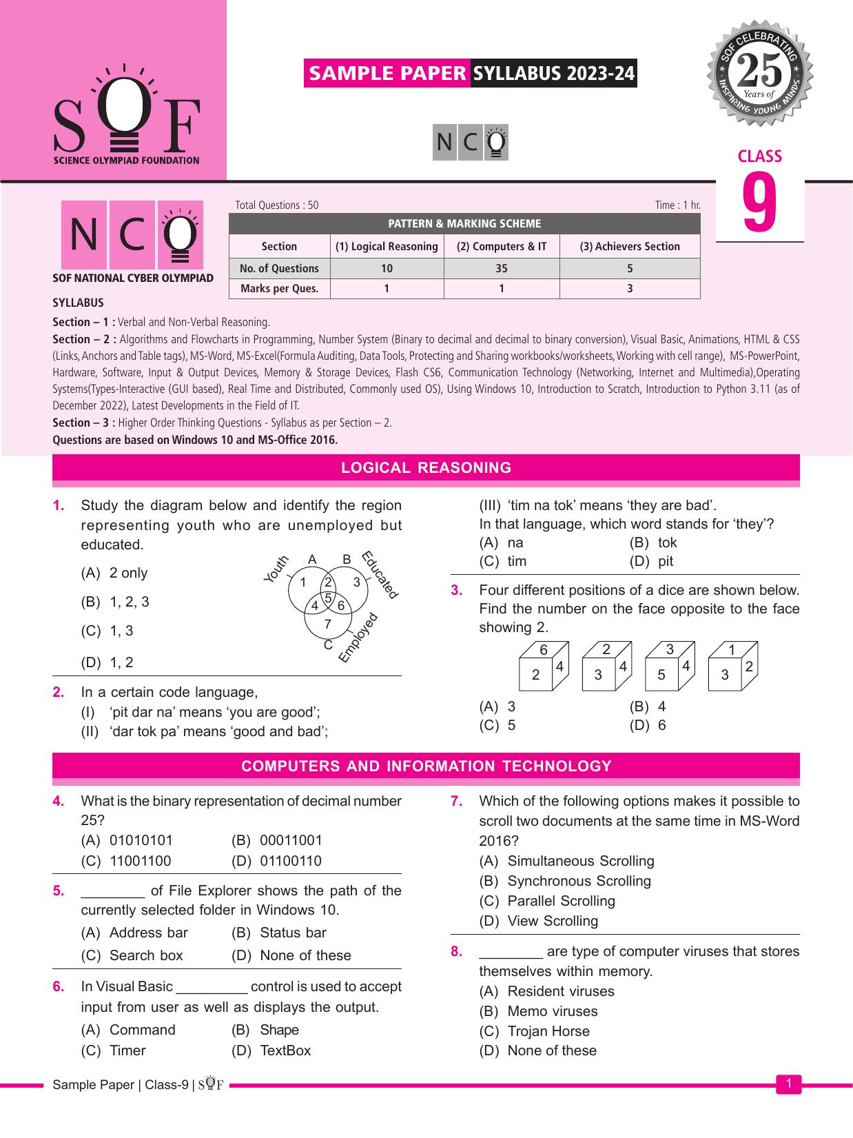 SOF NCO 2024 Class 9 Sample Paper IndCareer Docs