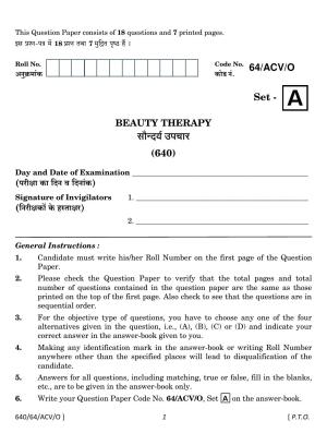 NIOS October 2022 Class 10 Beauty Therapy Question Paper
