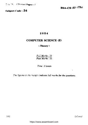 SEBA HSLC Computer Science (Elective) Question Paper 2024