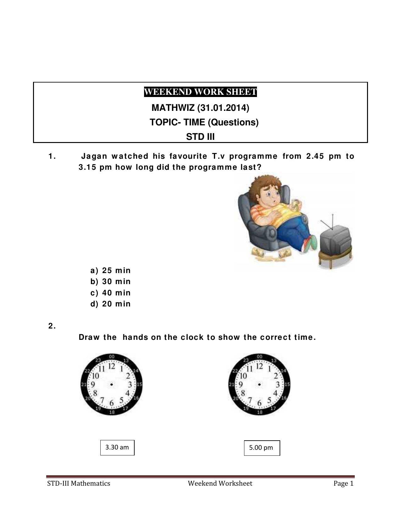 Worksheet for Class 3 Mathematics Time Assignment - MATHWIZ (31.01.2014) - Page 1
