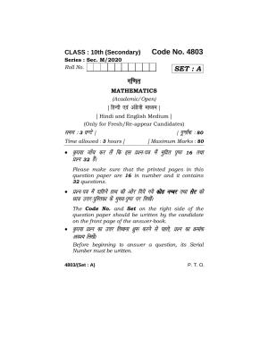 Haryana Board HBSE Class 10 Mathematics 2020 Question Paper
