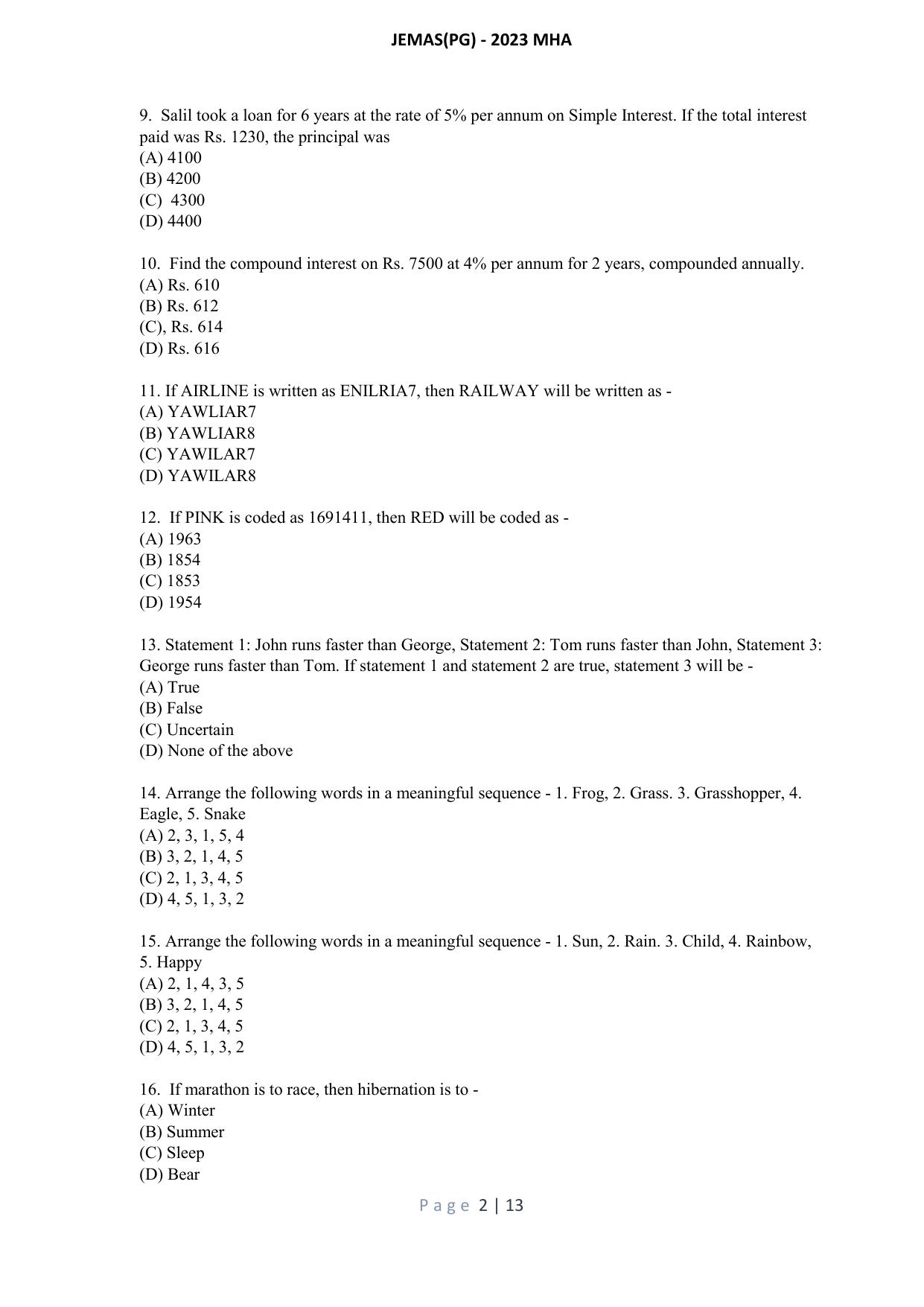 WB JEMAS (PG) MHA 2023 Question Paper - Page 3
