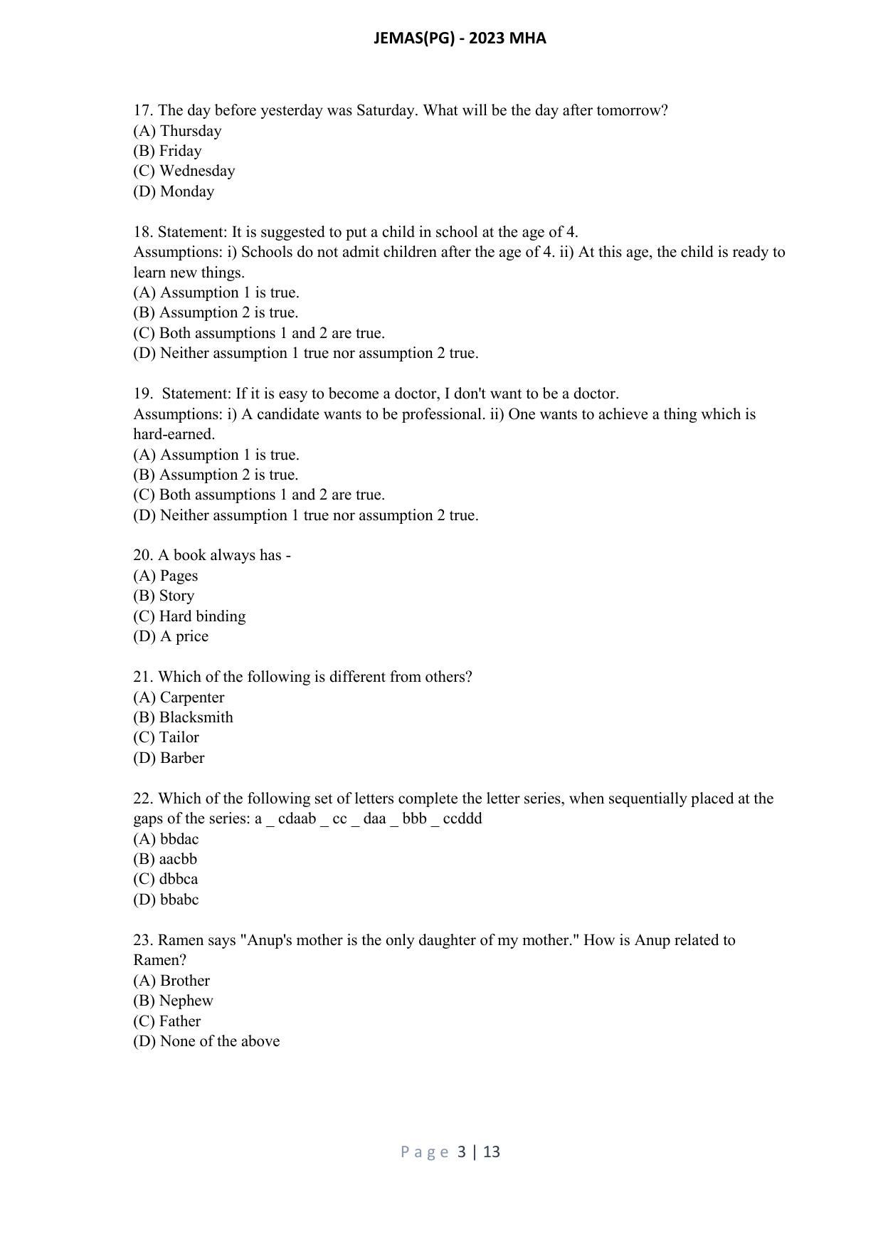 WB JEMAS (PG) MHA 2023 Question Paper - Page 4