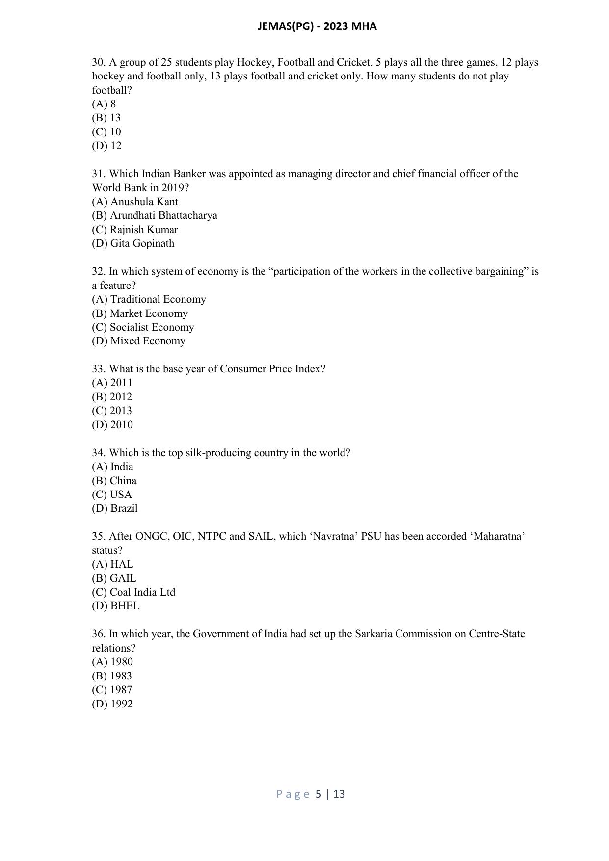 WB JEMAS (PG) MHA 2023 Question Paper - Page 6