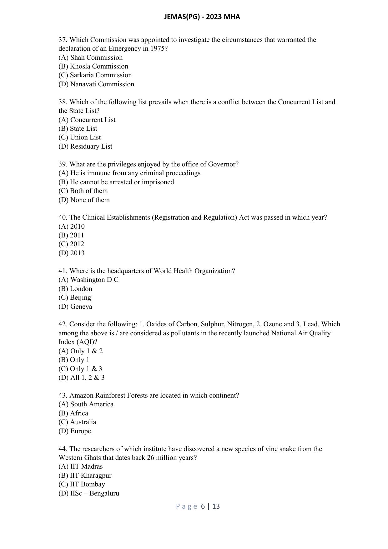 WB JEMAS (PG) MHA 2023 Question Paper - Page 7