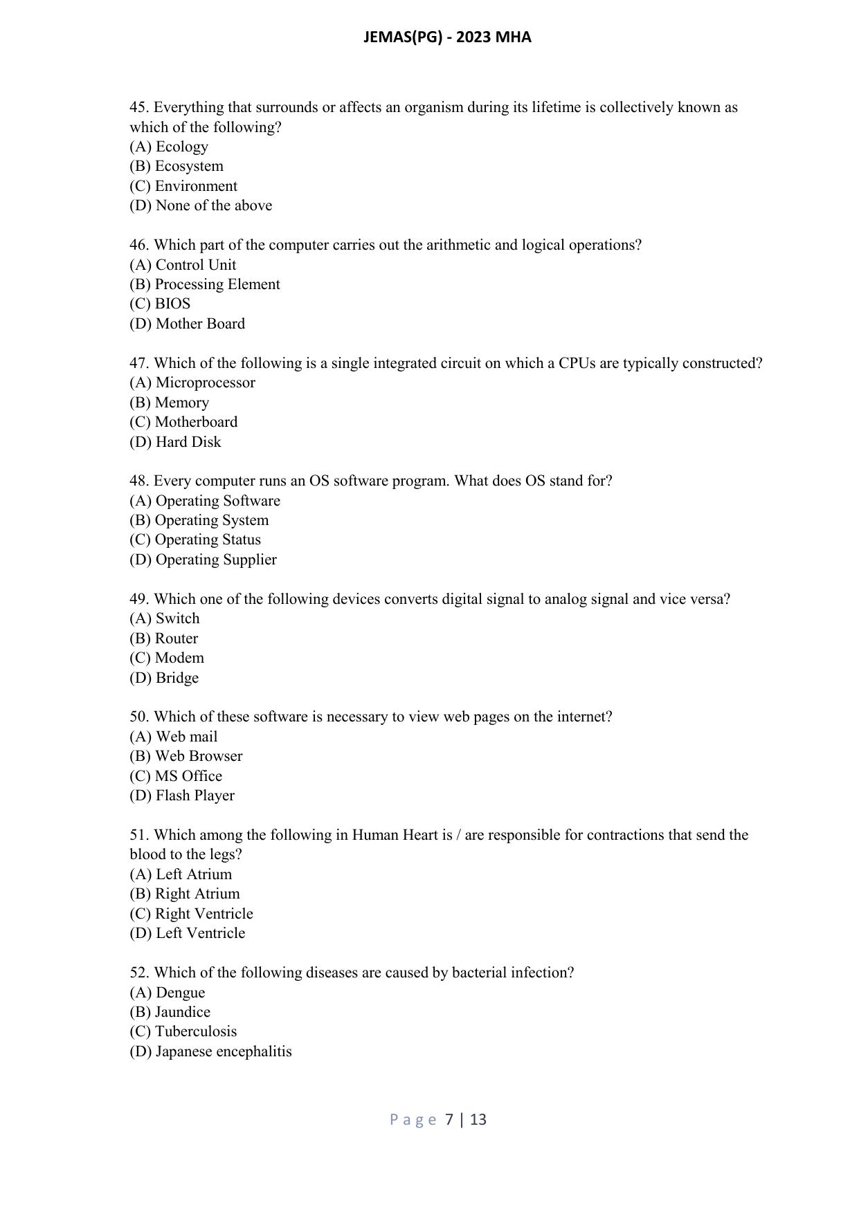 WB JEMAS (PG) MHA 2023 Question Paper - Page 8