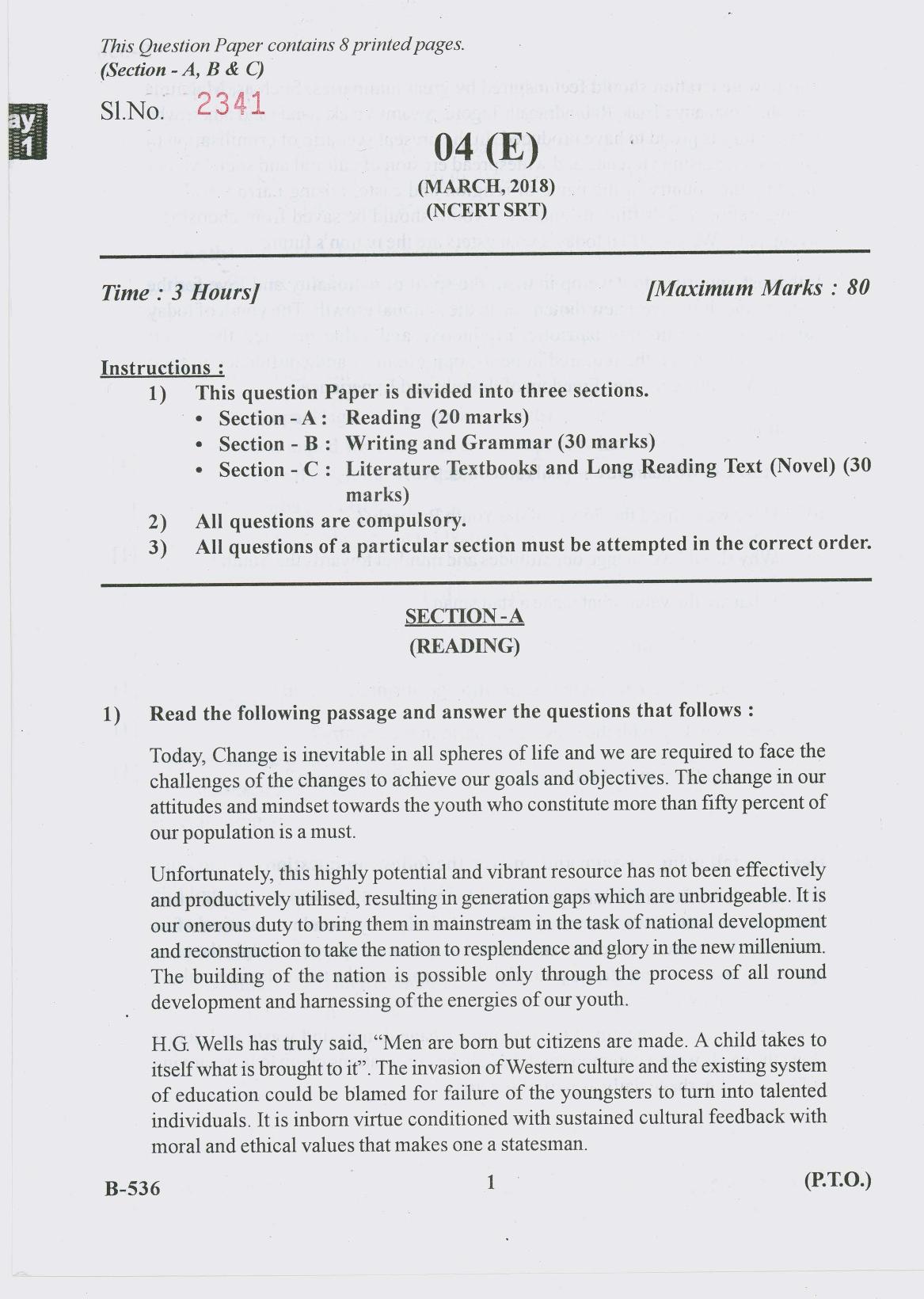 Gujarat Board Class 10th Question Paper 2018 - 04 (English F.L)EnglishNCERT SRT (10th MAR-2018) - Page 1