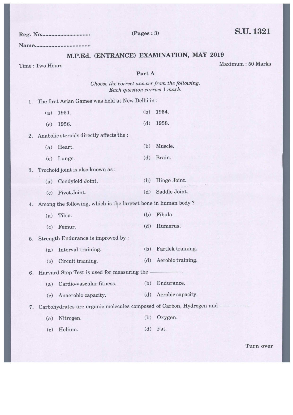 SSUS Entrance Exam MPED 2019 Question Paper - Page 1