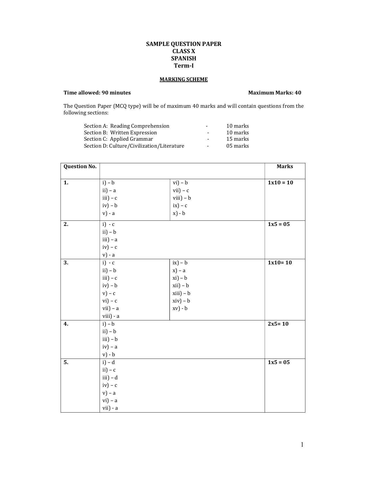 CBSE Class 10 Spanish Marking Scheme and Solutions 2021-22 - Page 1