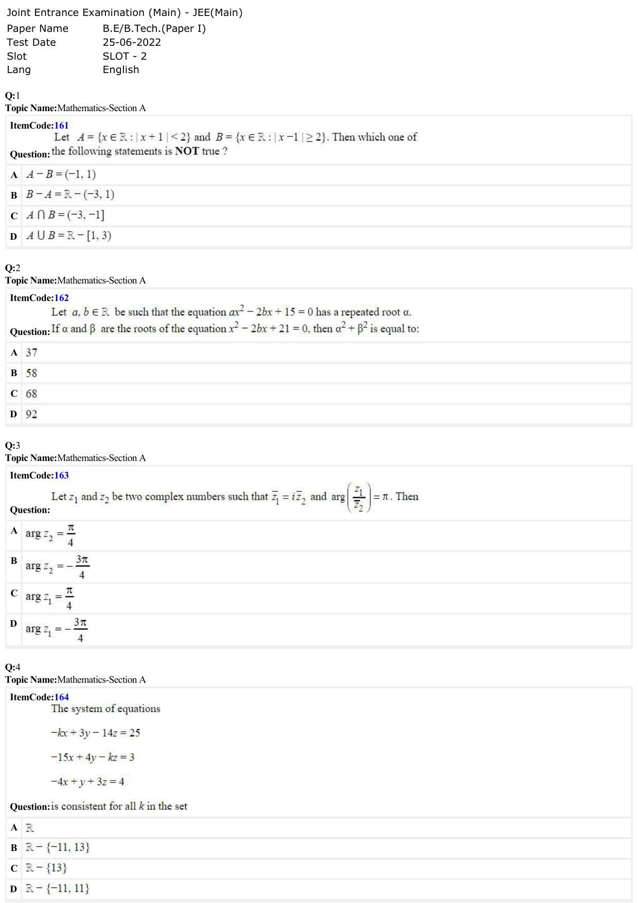 JEE Mains 2022: BTech English (Shift 2) 25-06-2022 Question Paper - Page 1