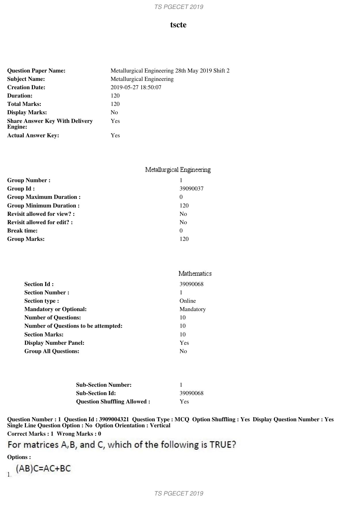 TS PGECET 2019: Metallurgical Engineering Question Papers - Page 1