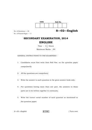 RBSE Class 10 English 2014 Question Paper