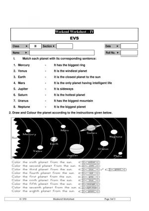Worksheet for Class 3 EVS Assignment 113 Revision